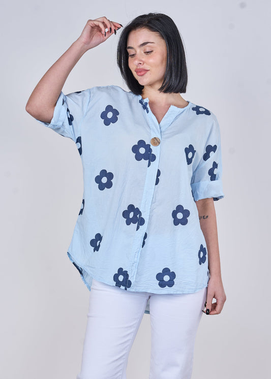 FLOWER PRINT ONE BUTTONED COTTON TOP