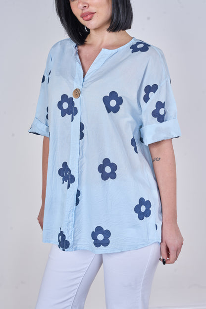 FLOWER PRINT ONE BUTTONED COTTON TOP