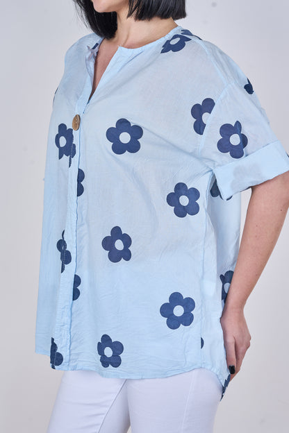 FLOWER PRINT ONE BUTTONED COTTON TOP
