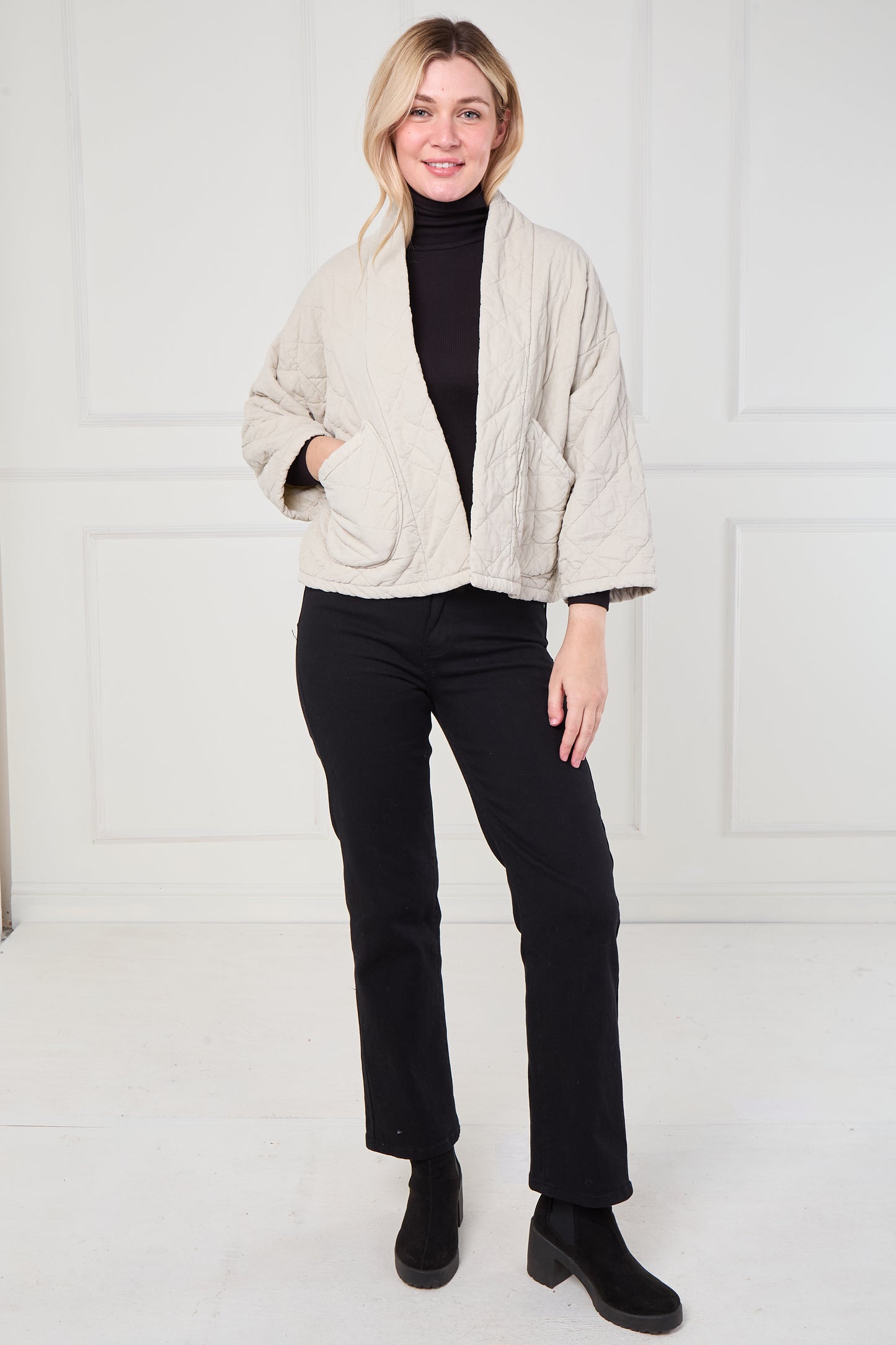 VELVET QUILTED FRONT OPEN JACKET