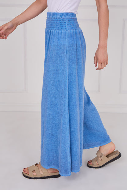 WASHED LINEN ELASTICATED WAIST WIDE LEG TROUSERS