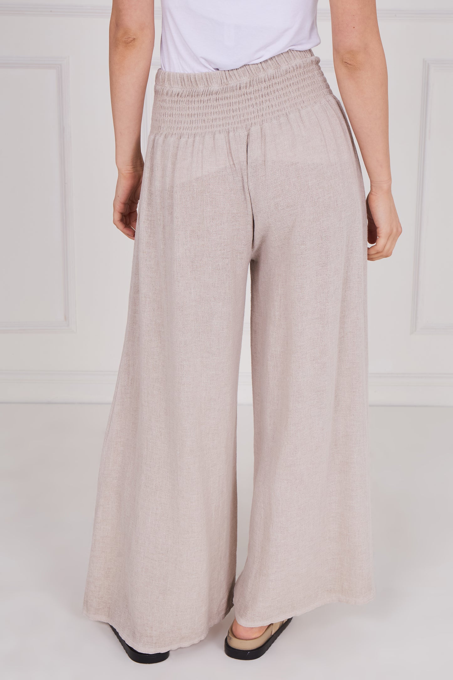 WASHED LINEN ELASTICATED WAIST WIDE LEG TROUSERS