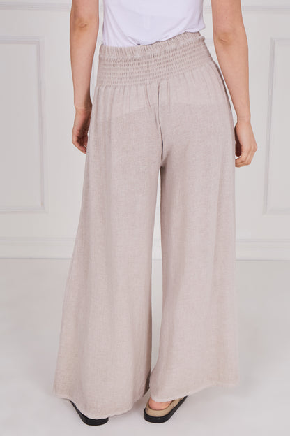 WASHED LINEN ELASTICATED WAIST WIDE LEG TROUSERS