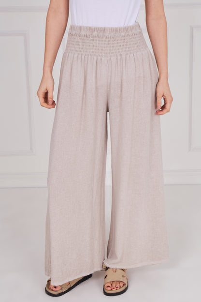 WASHED LINEN ELASTICATED WAIST WIDE LEG TROUSERS