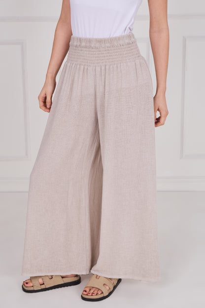 WASHED LINEN ELASTICATED WAIST WIDE LEG TROUSERS