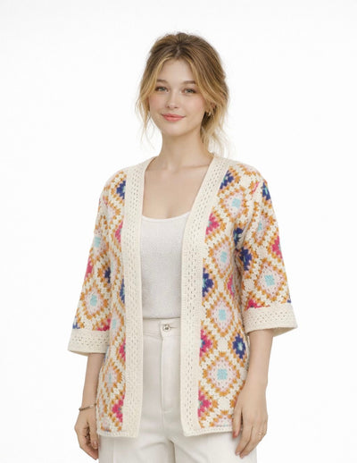 MULTI COLOUR OPEN FRONT CROCHET CARDIGAN