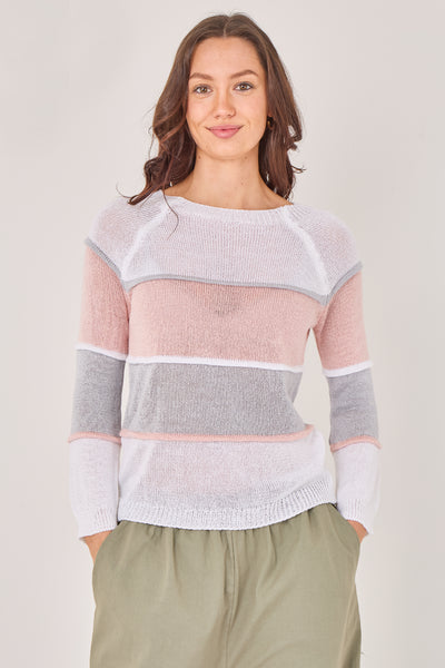 CREW NECK CROCHET STRIPED JUMPER