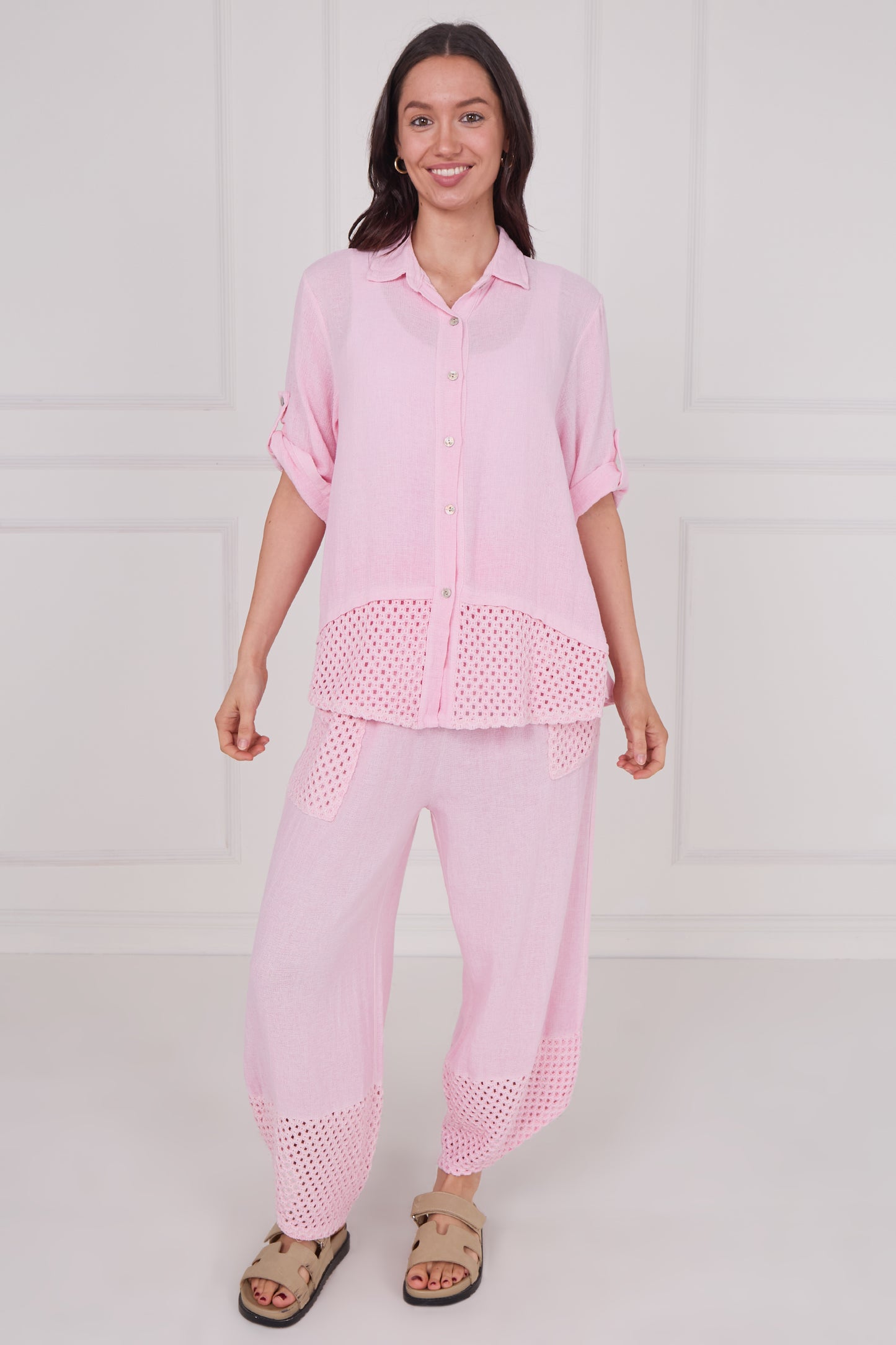 WASHED LINEN BUTTONED MESH SHIRT