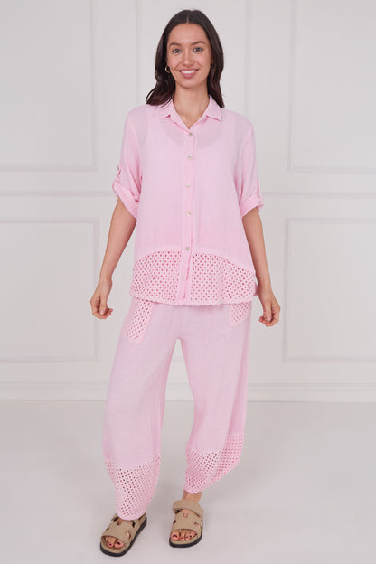 WASHED LINEN BUTTONED MESH SHIRT