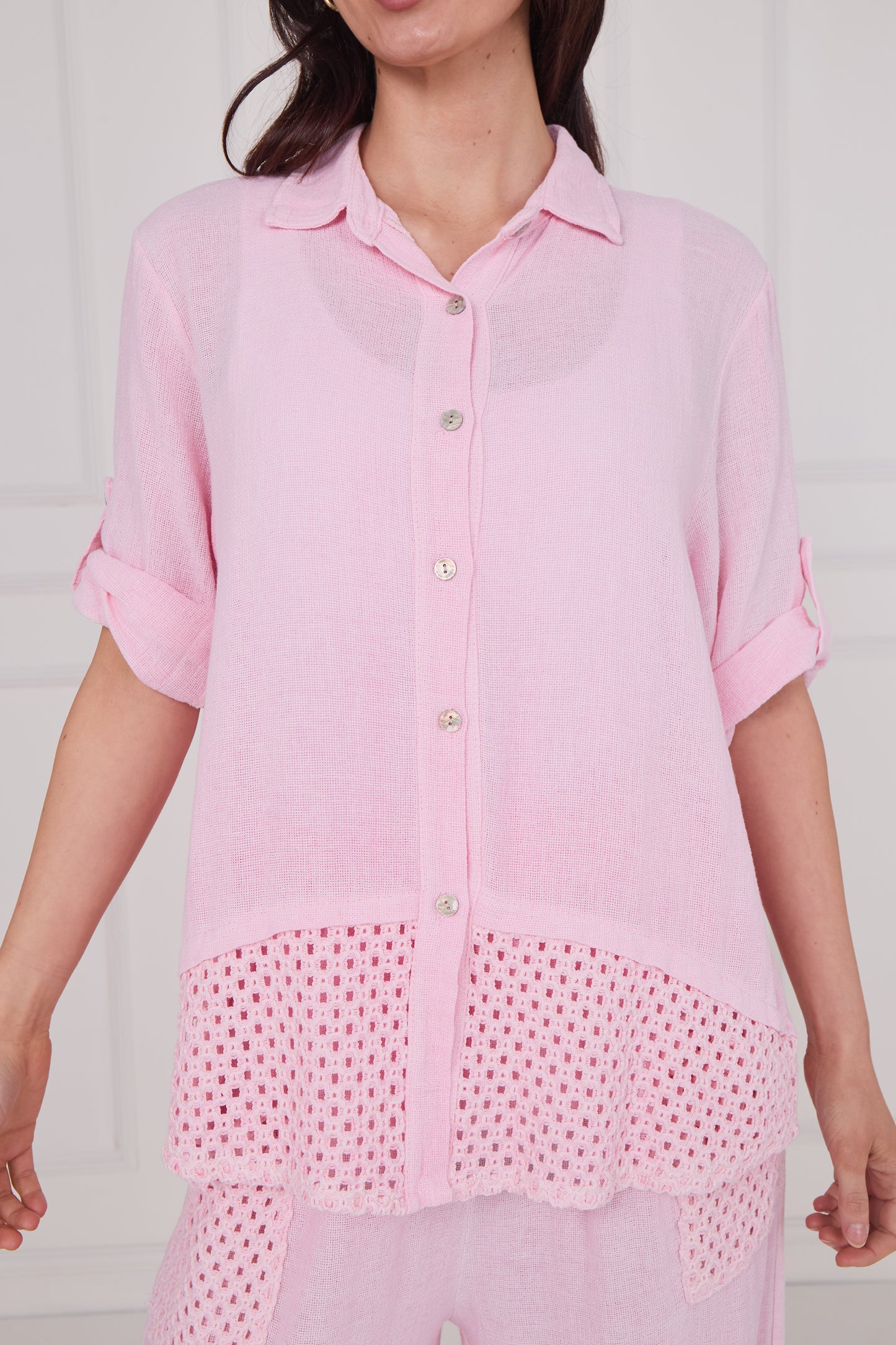 WASHED LINEN BUTTONED MESH SHIRT