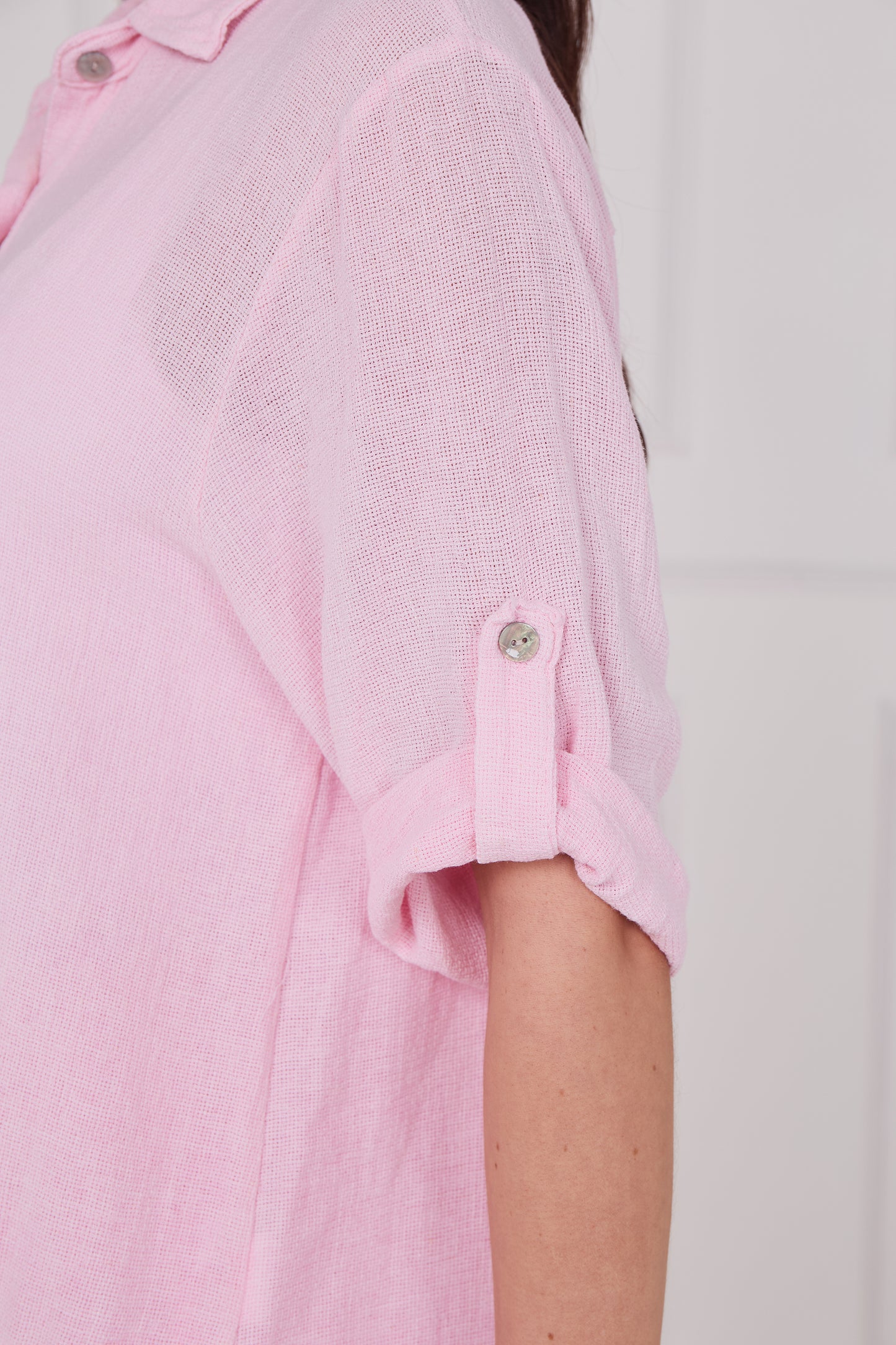 WASHED LINEN BUTTONED MESH SHIRT