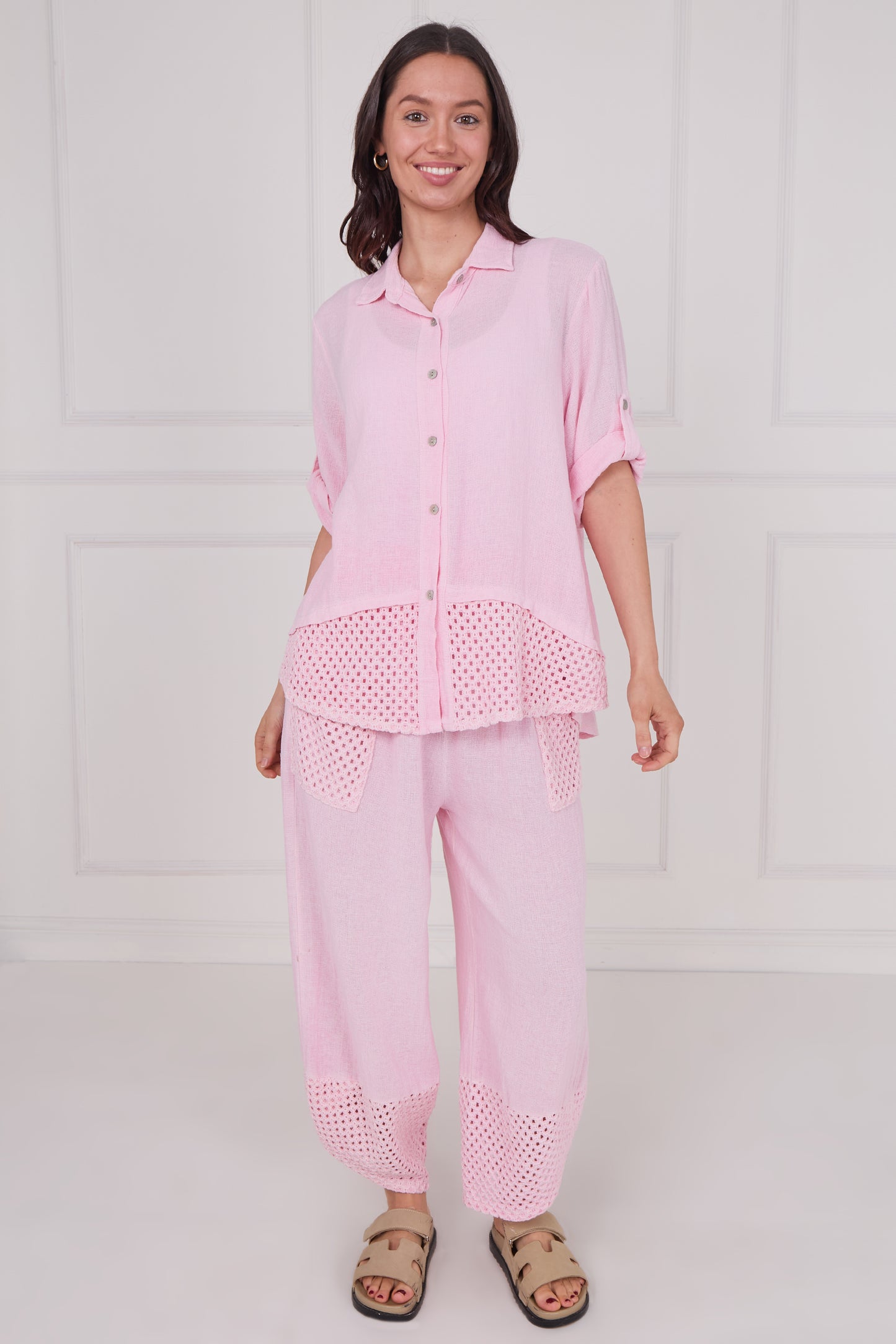 WASHED LINEN BUTTONED MESH SHIRT