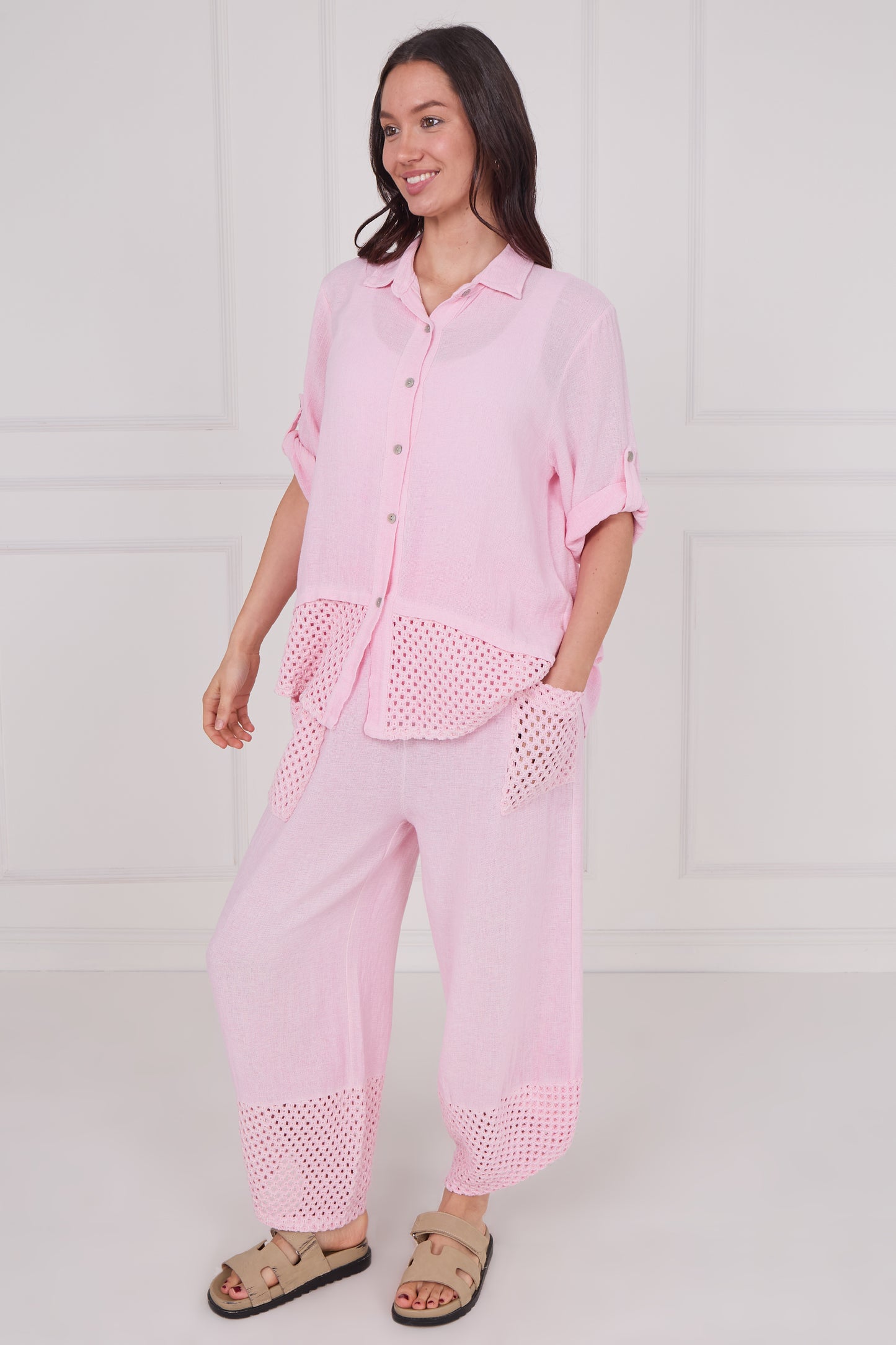 WASHED LINEN BUTTONED MESH SHIRT