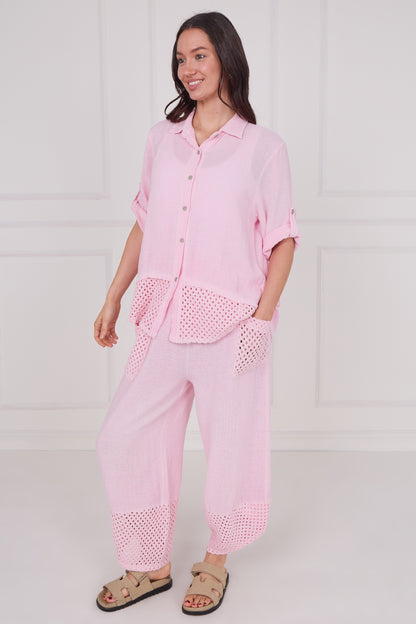 WASHED LINEN BUTTONED MESH SHIRT