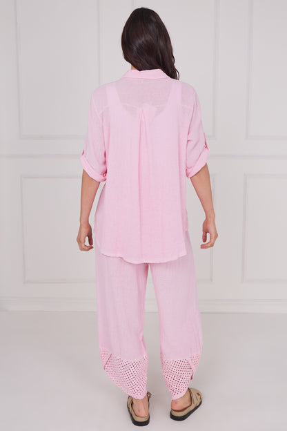 WASHED LINEN BUTTONED MESH SHIRT