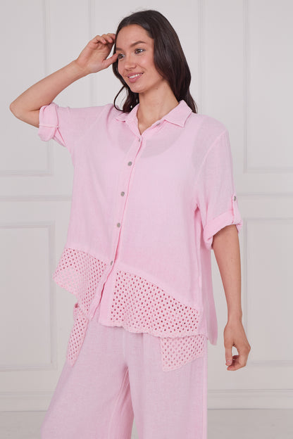 WASHED LINEN BUTTONED MESH SHIRT