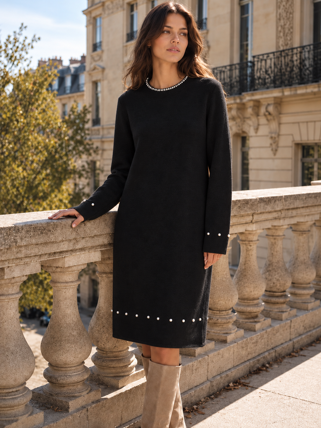 Style 35090 BLACK model photo – long-sleeve diamond-neck dress.