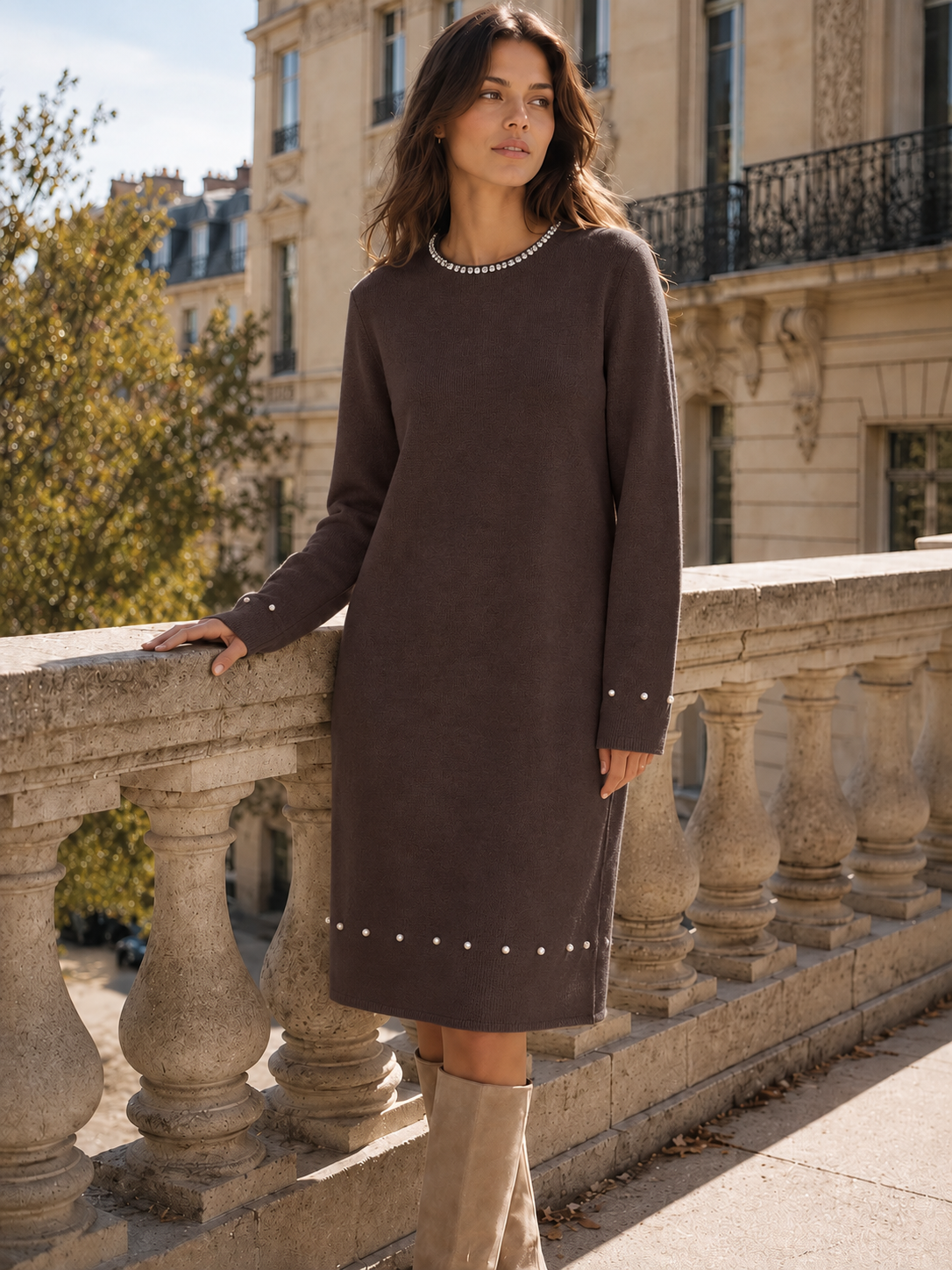 Style 35090 CHOCOLATE model photo – long-sleeve diamond-neck dress.