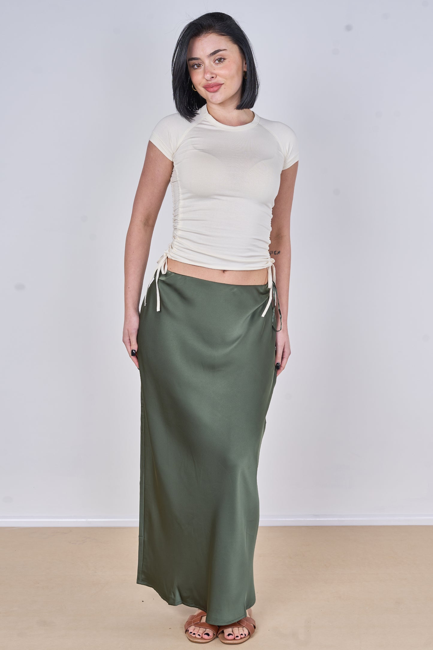 ELASTICATED WAIST PLAIN SATIN SKIRT [PK-2]