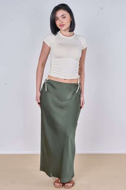 ELASTICATED WAIST PLAIN SATIN SKIRT [PK-2]