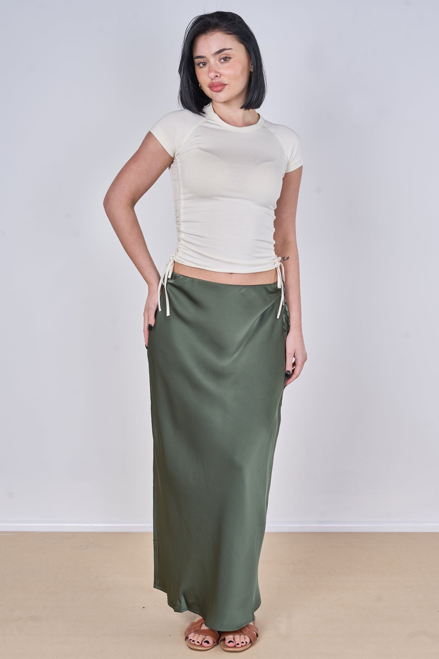 ELASTICATED WAIST PLAIN SATIN SKIRT [PK-2]