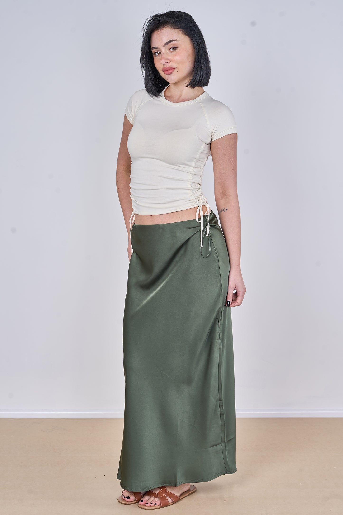 ELASTICATED WAIST PLAIN SATIN SKIRT [PK-2]