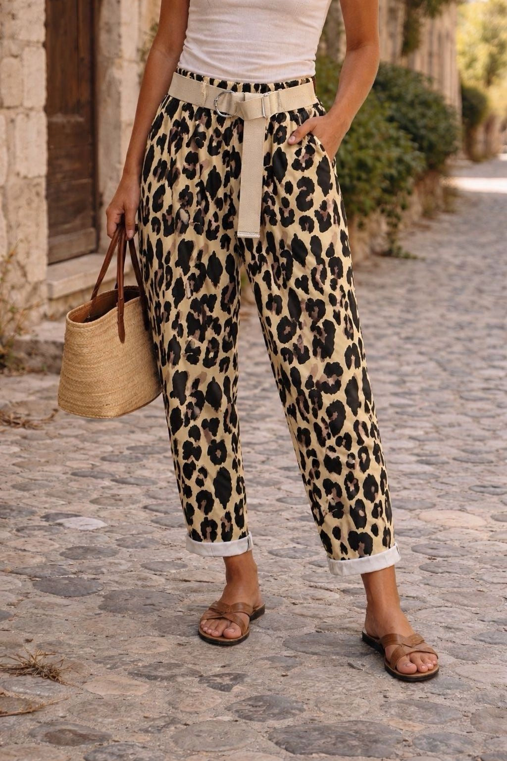 METALLIC LEOPARD BELT TROUSERS