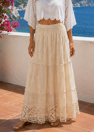 EMBROIDERED LACE MIDI SKIRT