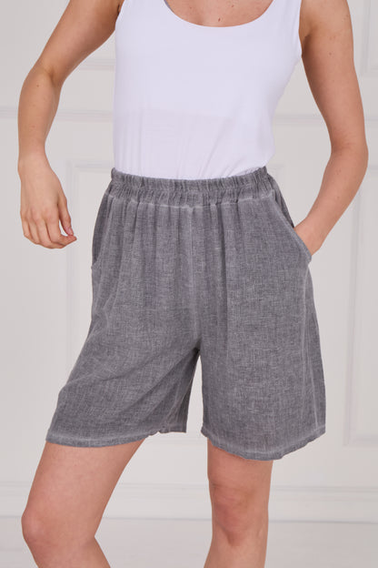 WASHED LINEN ELASTICATED WAIST TWO POCKETS SHORTS