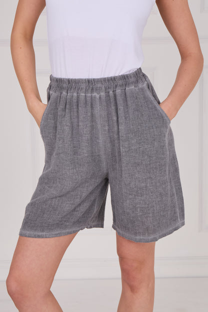 WASHED LINEN ELASTICATED WAIST TWO POCKETS SHORTS