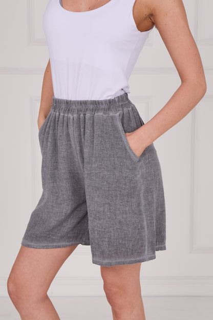 WASHED LINEN ELASTICATED WAIST TWO POCKETS SHORTS