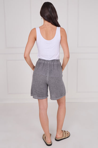 WASHED LINEN ELASTICATED WAIST TWO POCKETS SHORTS