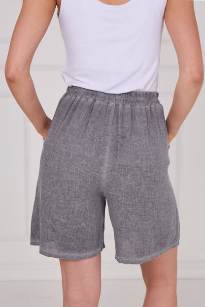 WASHED LINEN ELASTICATED WAIST TWO POCKETS SHORTS