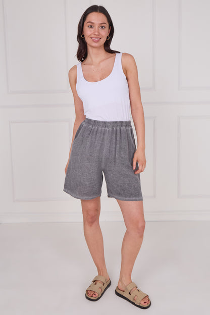 WASHED LINEN ELASTICATED WAIST TWO POCKETS SHORTS