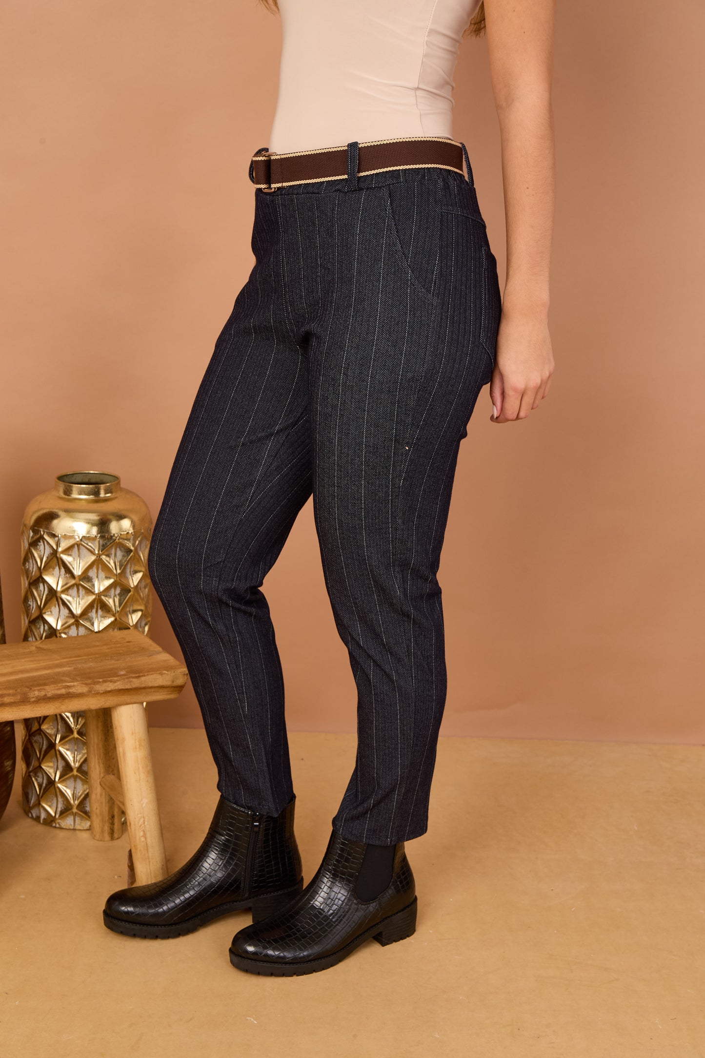 STRIPE BELTED ELASTICATED WAIST MAGIC TROUSERS
