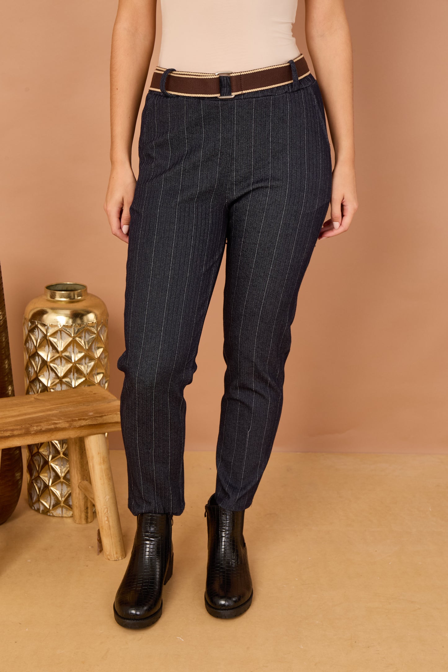 STRIPE BELTED ELASTICATED WAIST MAGIC TROUSERS