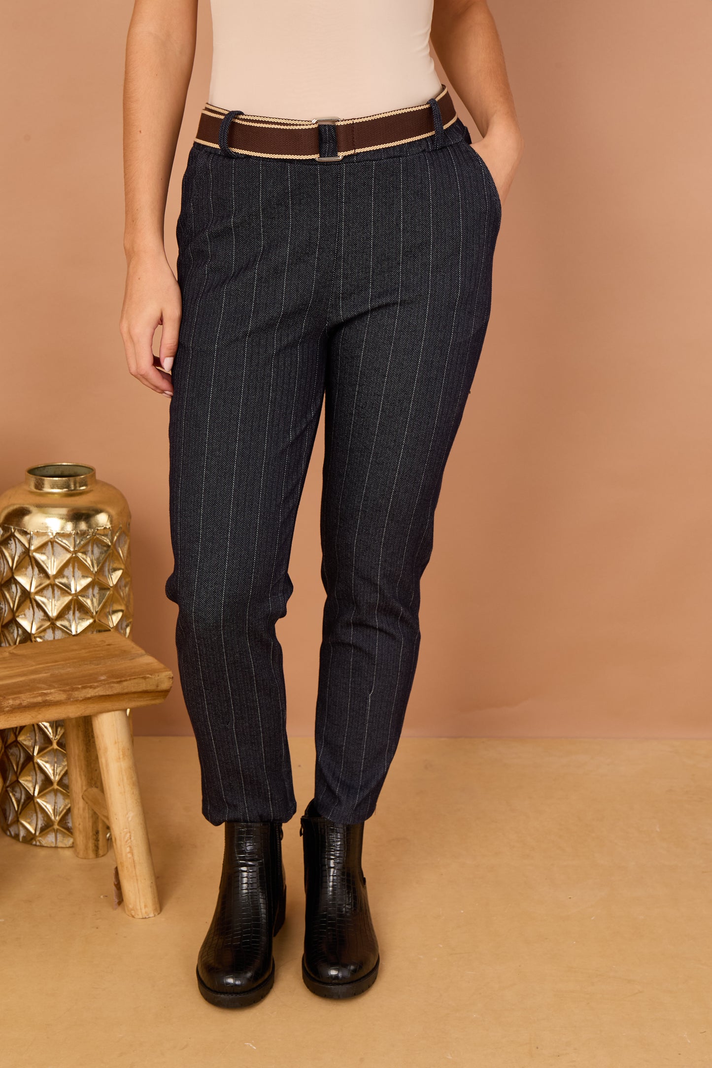 STRIPE BELTED ELASTICATED WAIST MAGIC TROUSERS