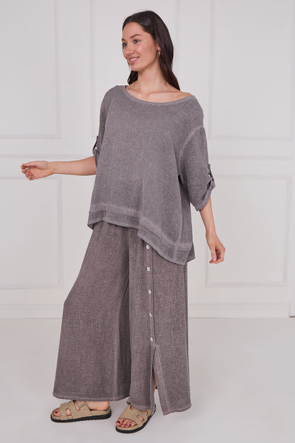 WASHED LINEN BUTTON SLEEVE LAYERED TOP