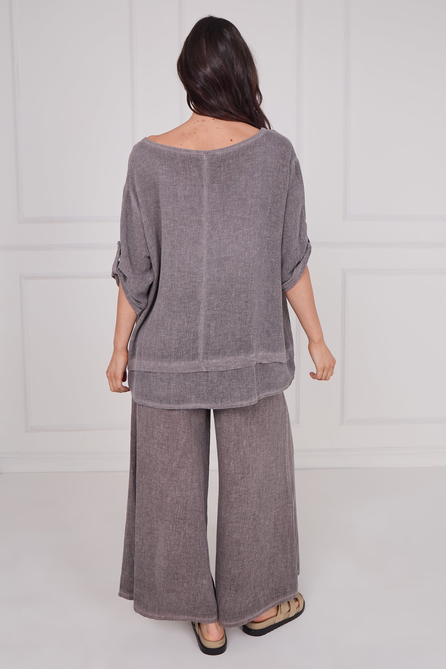 WASHED LINEN BUTTON SLEEVE LAYERED TOP