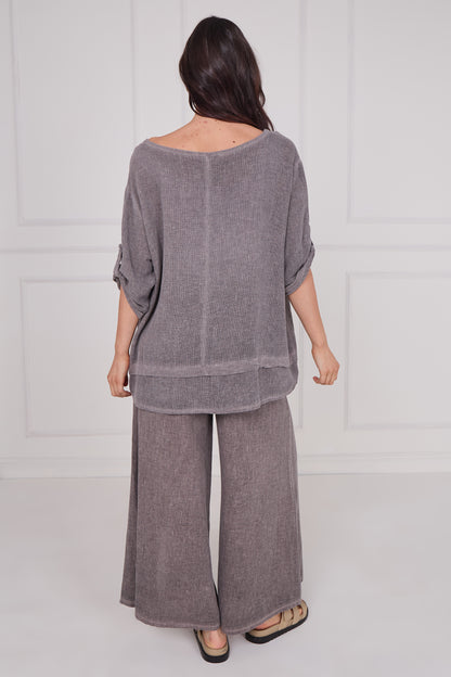 WASHED LINEN BUTTON SLEEVE LAYERED TOP