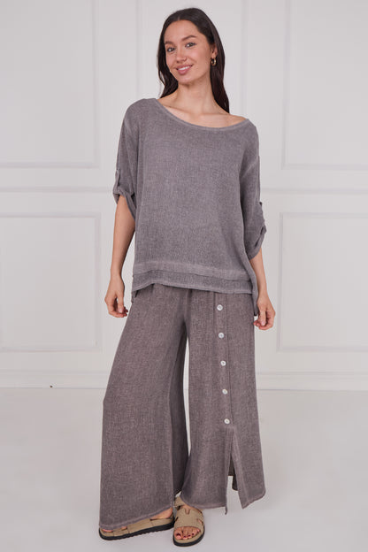 WASHED LINEN BUTTON SLEEVE LAYERED TOP