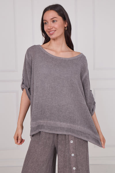 WASHED LINEN BUTTON SLEEVE LAYERED TOP