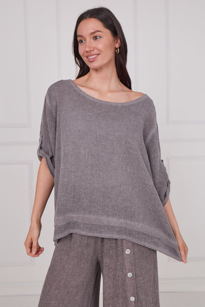 WASHED LINEN BUTTON SLEEVE LAYERED TOP