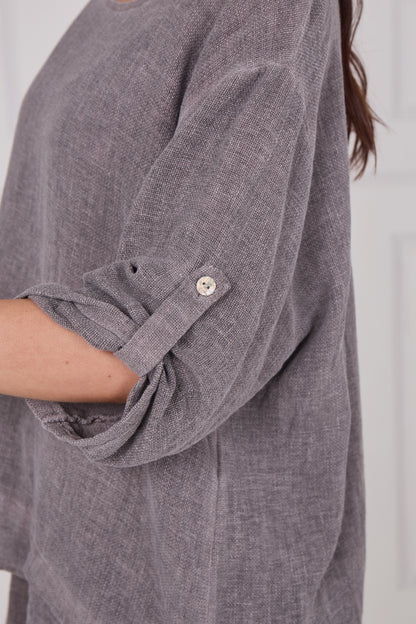WASHED LINEN BUTTON SLEEVE LAYERED TOP