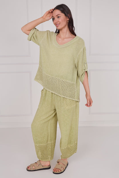 WASHED LINEN MESH BACK DETAIL TOP