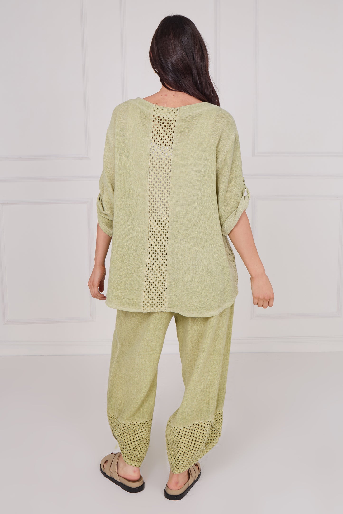 WASHED LINEN MESH BACK DETAIL TOP