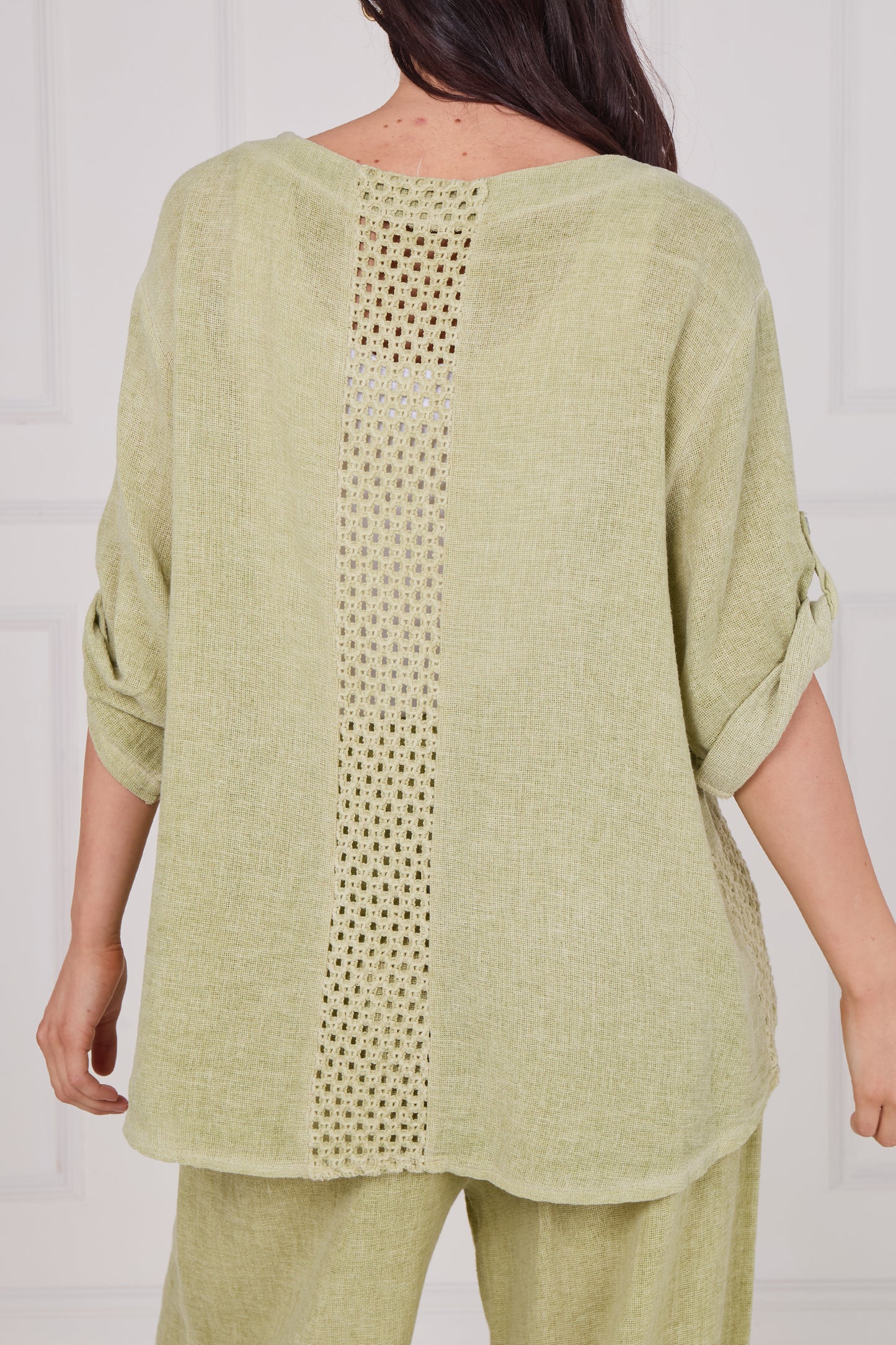 WASHED LINEN MESH BACK DETAIL TOP