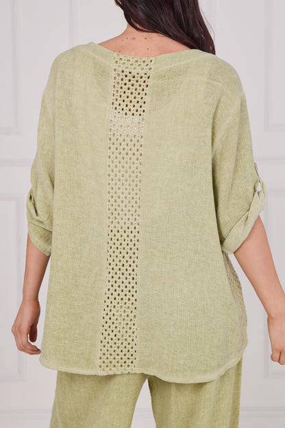 WASHED LINEN MESH BACK DETAIL TOP