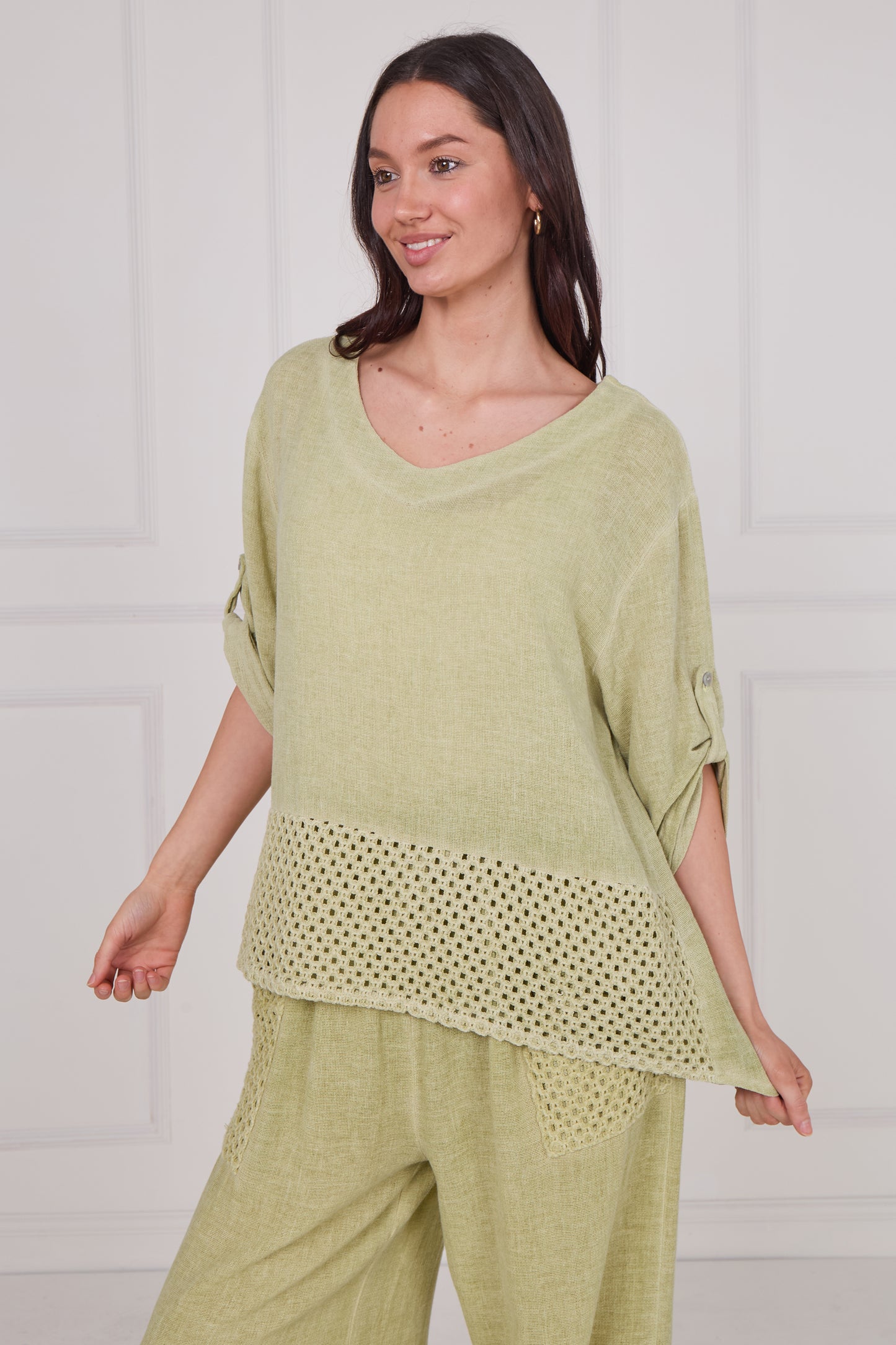 WASHED LINEN MESH BACK DETAIL TOP