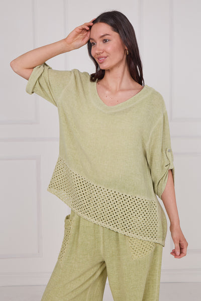 WASHED LINEN MESH BACK DETAIL TOP
